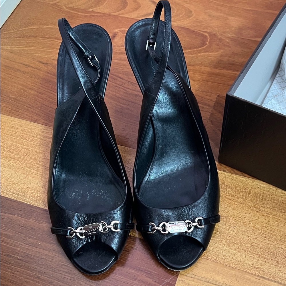 Gucci Black Peep-Toe Slingback Heels